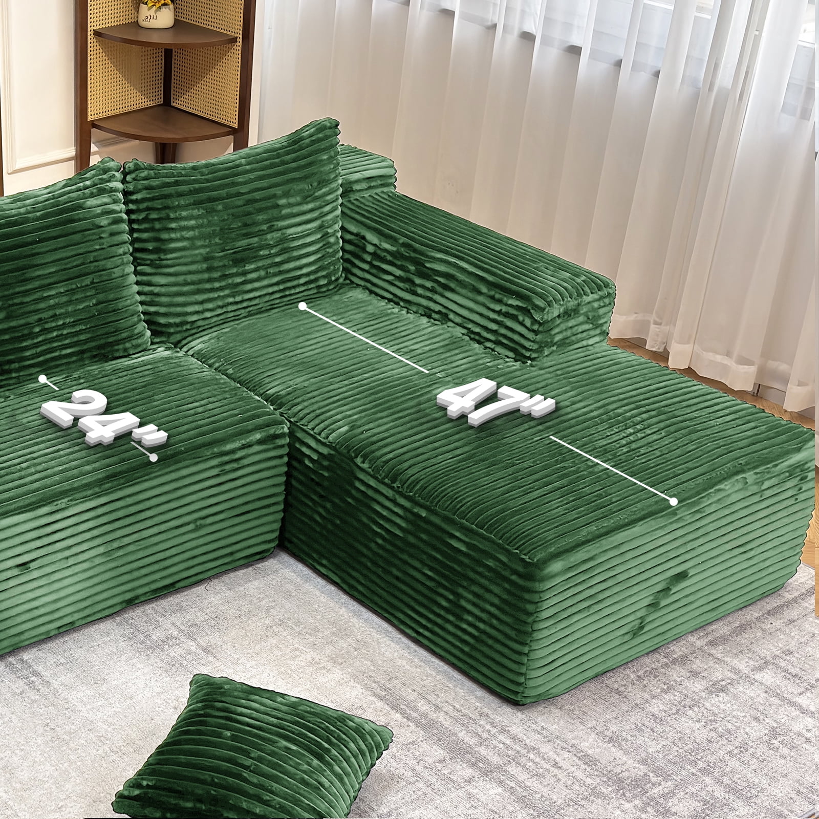 Kelyda 104'' Modular L-Shaped Sectional Sofa, Modern Memory Foam Deep Seat Corduroy Boneless Cloud Couch Green