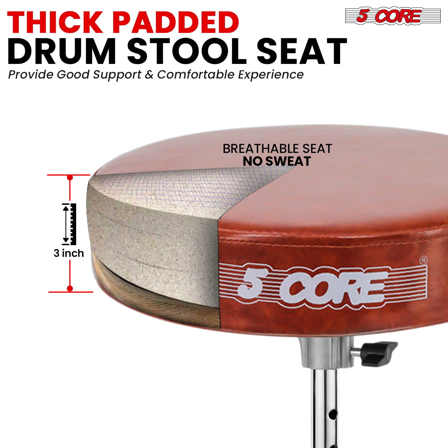 5 Core Drum Throne 3" Thick Padded Guitar Stool 200Lb Capacity Heavy Duty Adjustable Drummer Chair