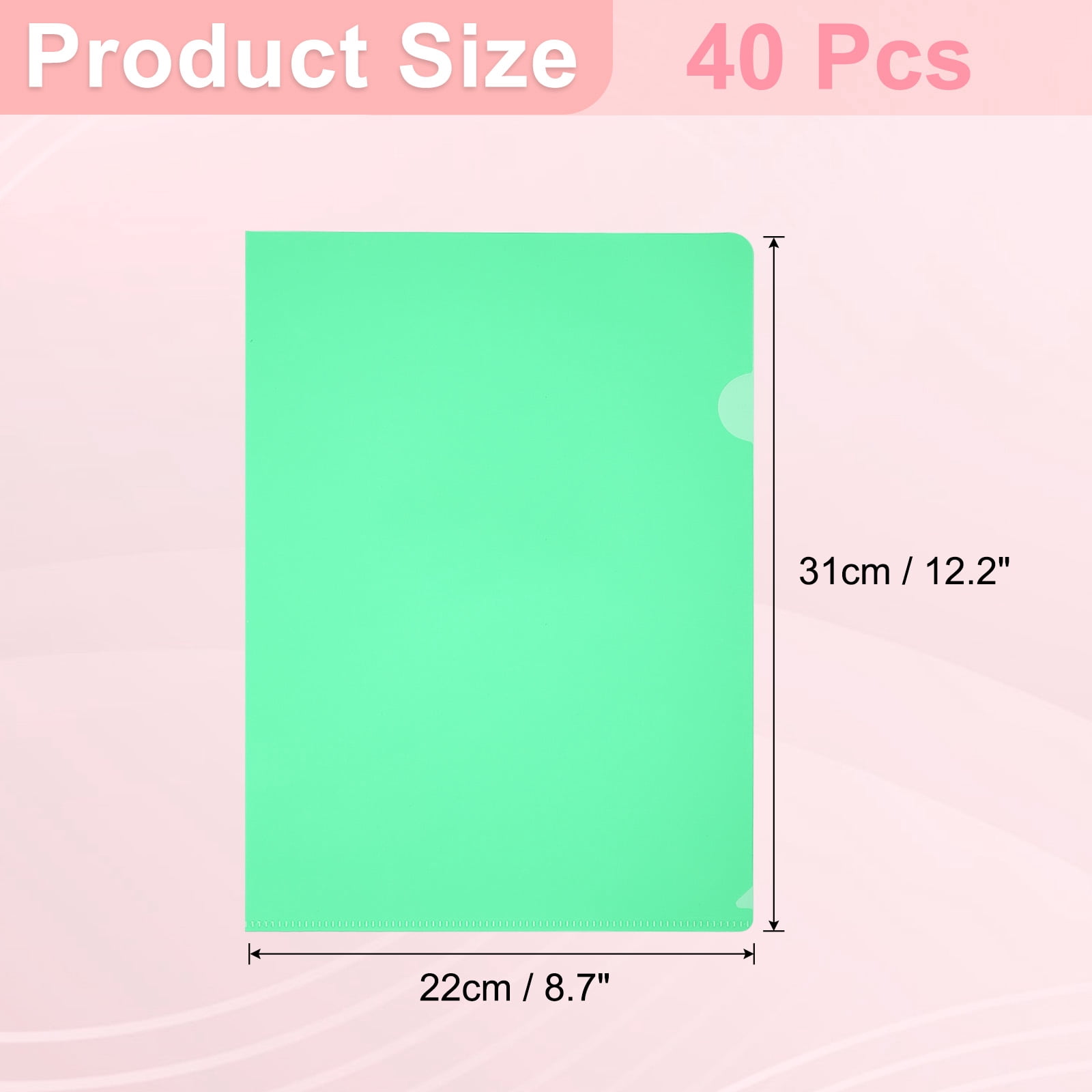 A4 Plastic Folders, 40 Pack Clear Folders L Type Project Pockets Paper Document Jacket Sleeves L Shaped Transparent for Documents Plastic Office File, 8.7x12.2in, Green