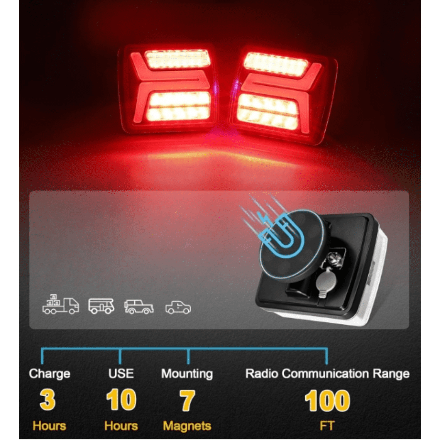 LED Wireless Trailer Lights Kit Magnetic Towing Tail Lights 58LED Universal Stop Turn Running Light with License Plate Light Dual USB Cable Charges for Trailers IP67 10-30V