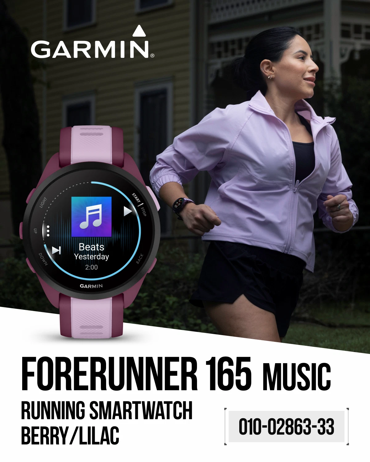 Garmin Forerunner 165 Music Running Smartwatch, Colorful AMOLED Touchscreen, Berry/Lilac w/ Wearable4U PowerPack & Adapters Bundle