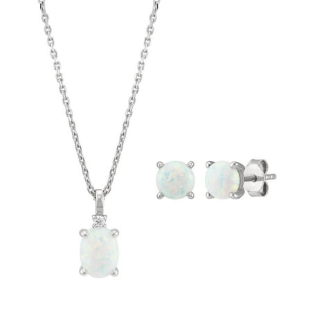 Brilliance Fine Jewelry Created Opal and White Cubic Zircoina Pendant Necklace and Studs Set in Sterling Silver