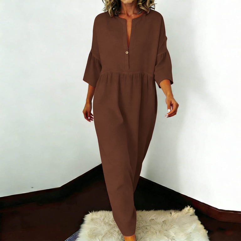 cotton henley maxi dress Vbvc Women's Cotton-Linen 3/4 Sleeve Maxi Dress,Ladies Henley V-Neck Flowy Tunic Dress,Summer Beach Everyday Wear for Women,Coffee,S-2XL