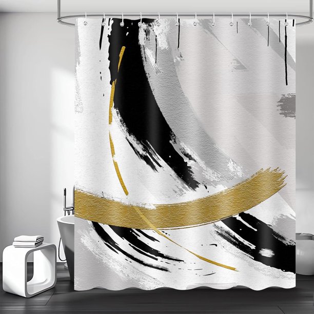 Cortina de ducha de oro negro, pintura al óleo abstracta, pinceladas modernas, tinta de lujo, arte bohemio, cortina de baño, tela de poliéster, decoración de baño impermeable con 12 ganchos, 72 x 72