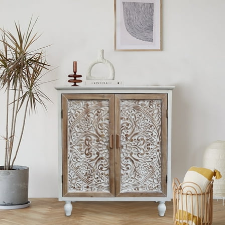 Parisloft Farmhouse Wood Storage Cabinet with Carved Doors and Movable Shelf, 34.5"H