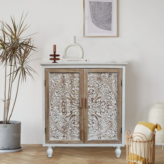 Parisloft Farmhouse Wood Storage Cabinet with Carved Doors and Movable Shelf, 34.5"H