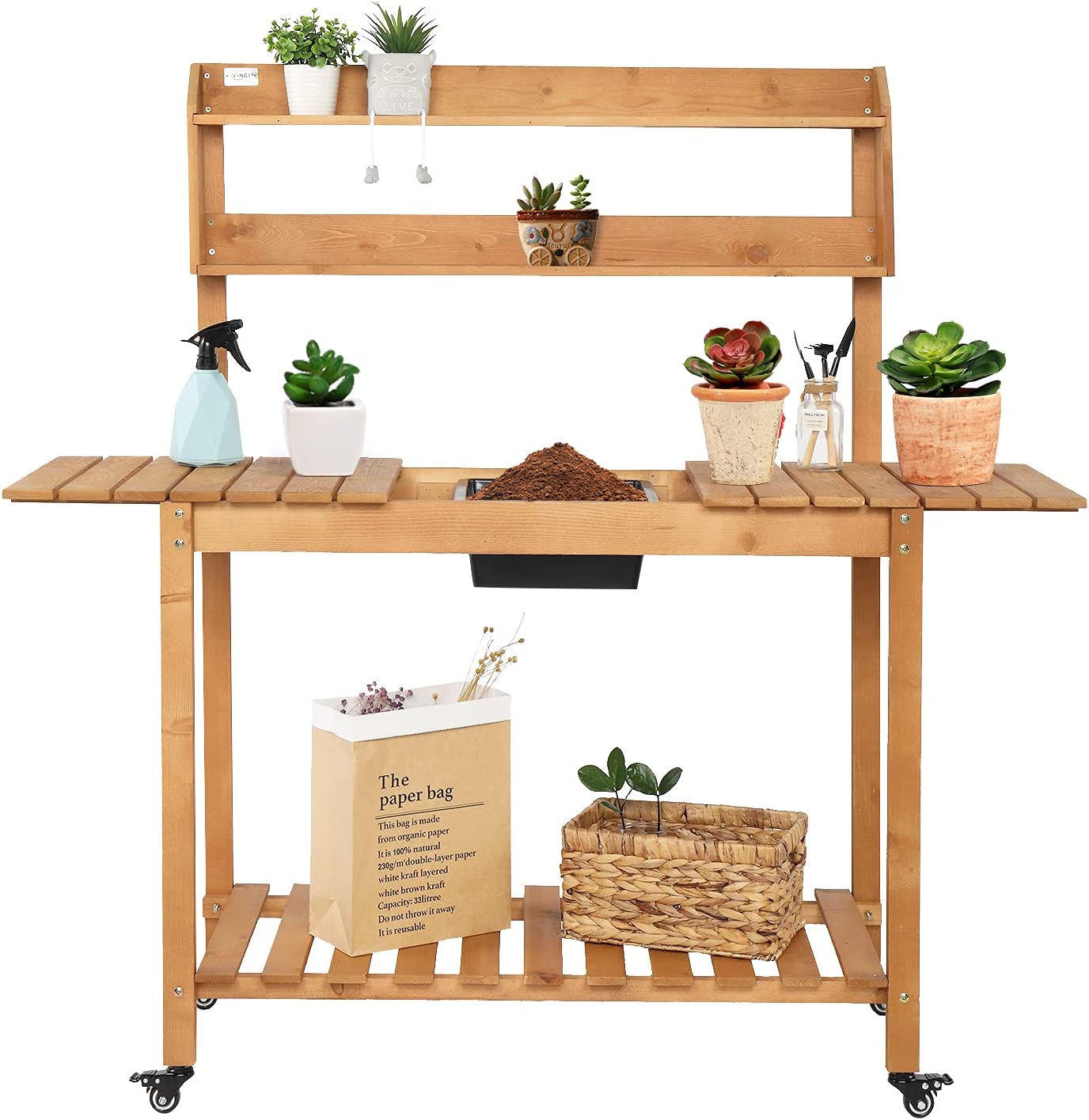 SunnyEQ Outdoor Potting Bench Table with Wheels, Garden Potters Work Bench Station, Patio