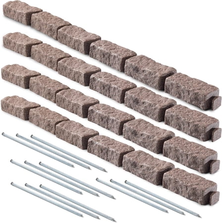 DIY No Dig Faux Stone Landscape Edging w/Anchoring Spikes, Flexible Brick-Sized Border for Driveways Yards Trees or Gardens, Each 6-Brick Section 48" L x 4" W x 2.25" H (4, Cobblestone)