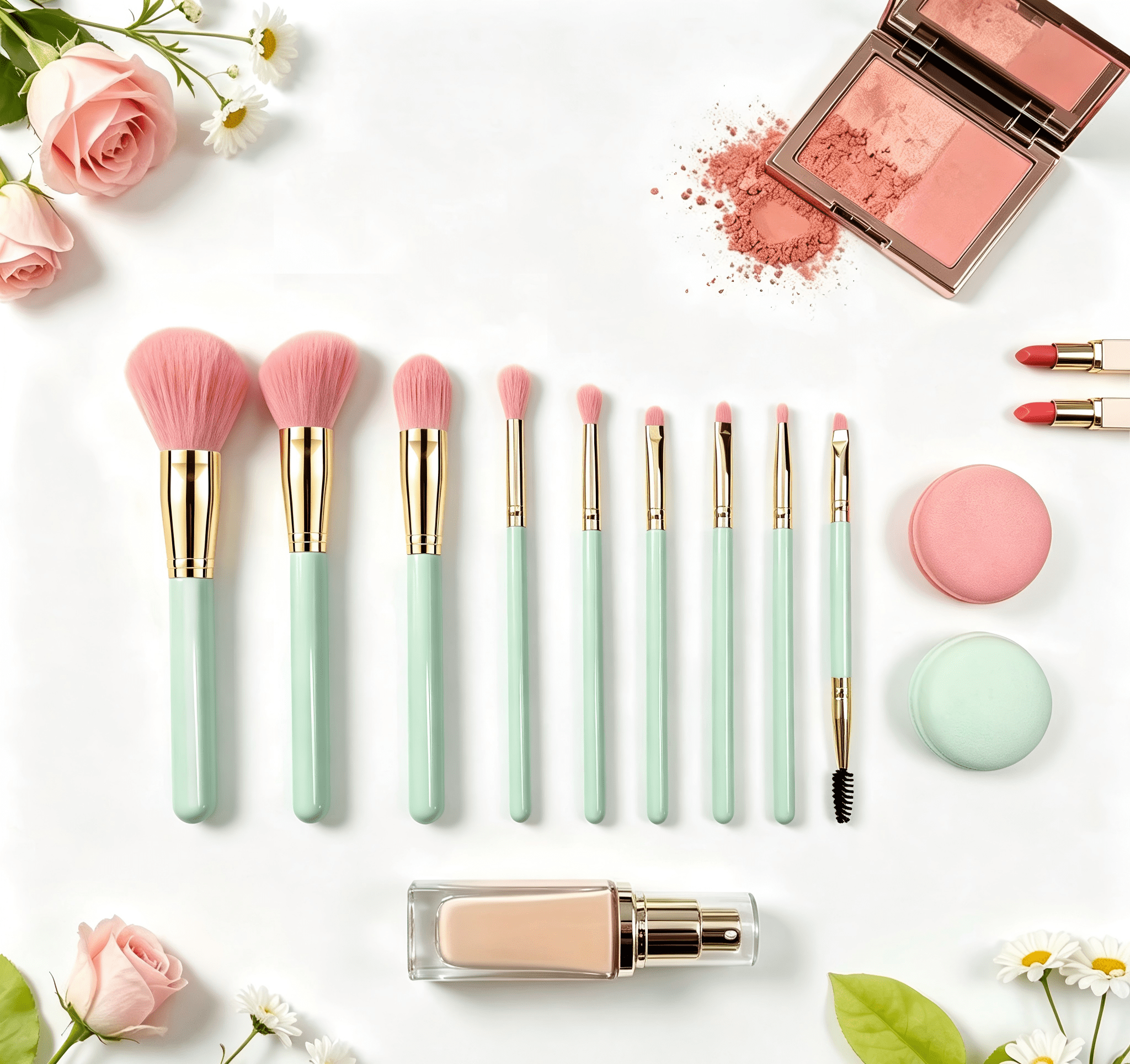 Makeup Brush Set with Bag, Green and Pink, 12 Pieces