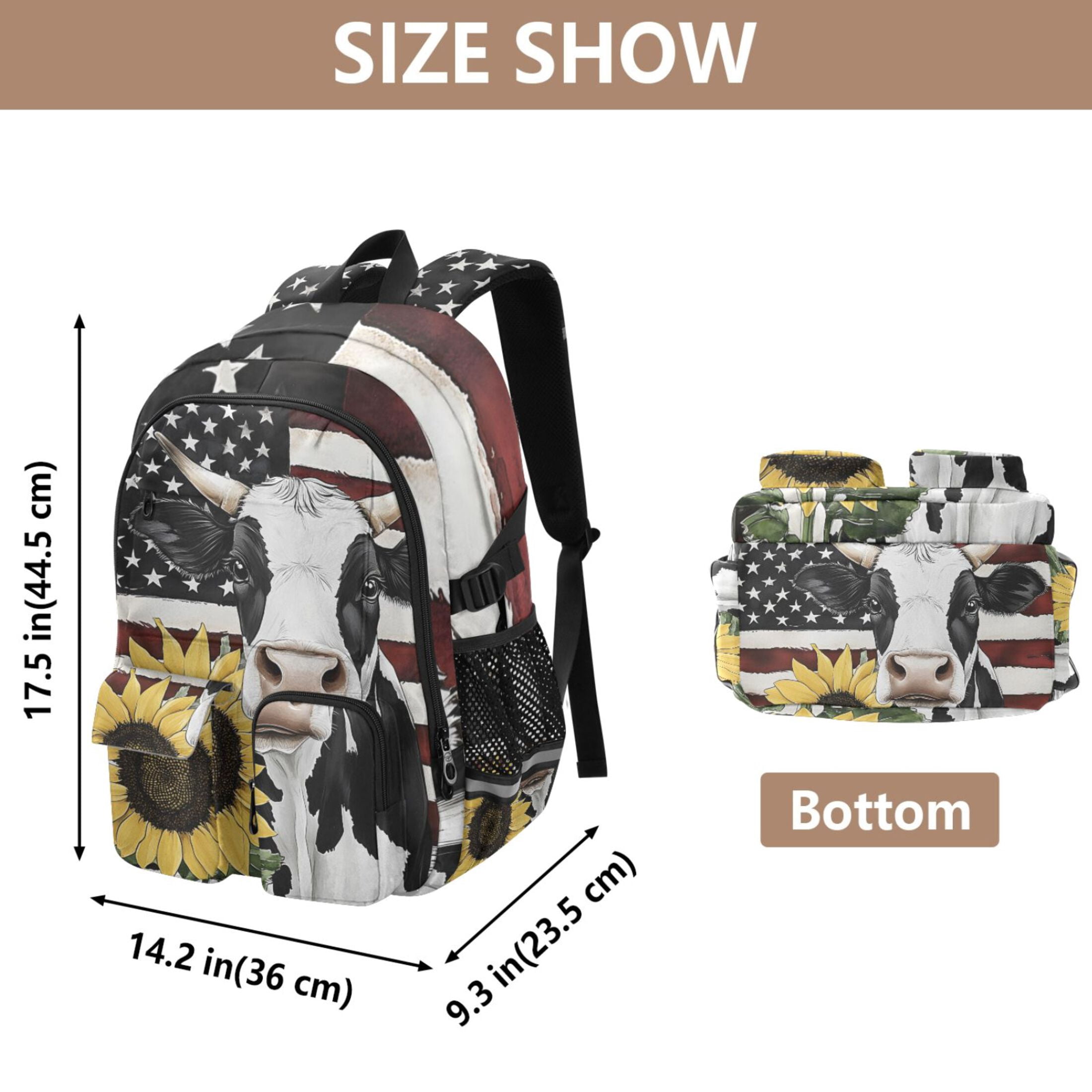 ALAZA Cow with Flag Sunflower Print Student Backpack School Bookbag Large Laptop Daypack Travel Bag