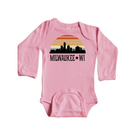 

Inktastic Milwaukee Wisconsin Skyline Retro Sunset Gift Baby Boy or Baby Girl Long Sleeve Bodysuit