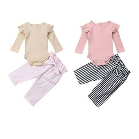 

Newborn Baby Girls Kids Autumn Clothes Striped Romper Bodysuit Long Pants Outfits Set