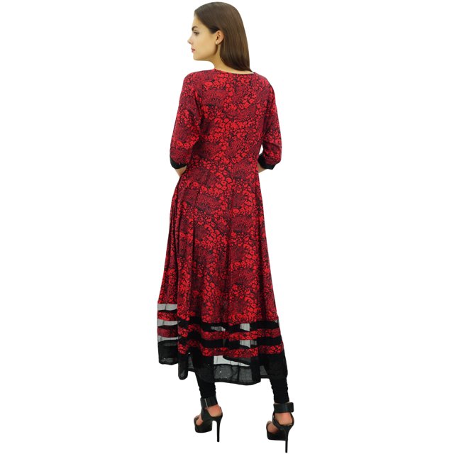 Phagun Robe Kurta Style Angrakha Rouge Ligne A pour Femmes Tunique Évasée-12