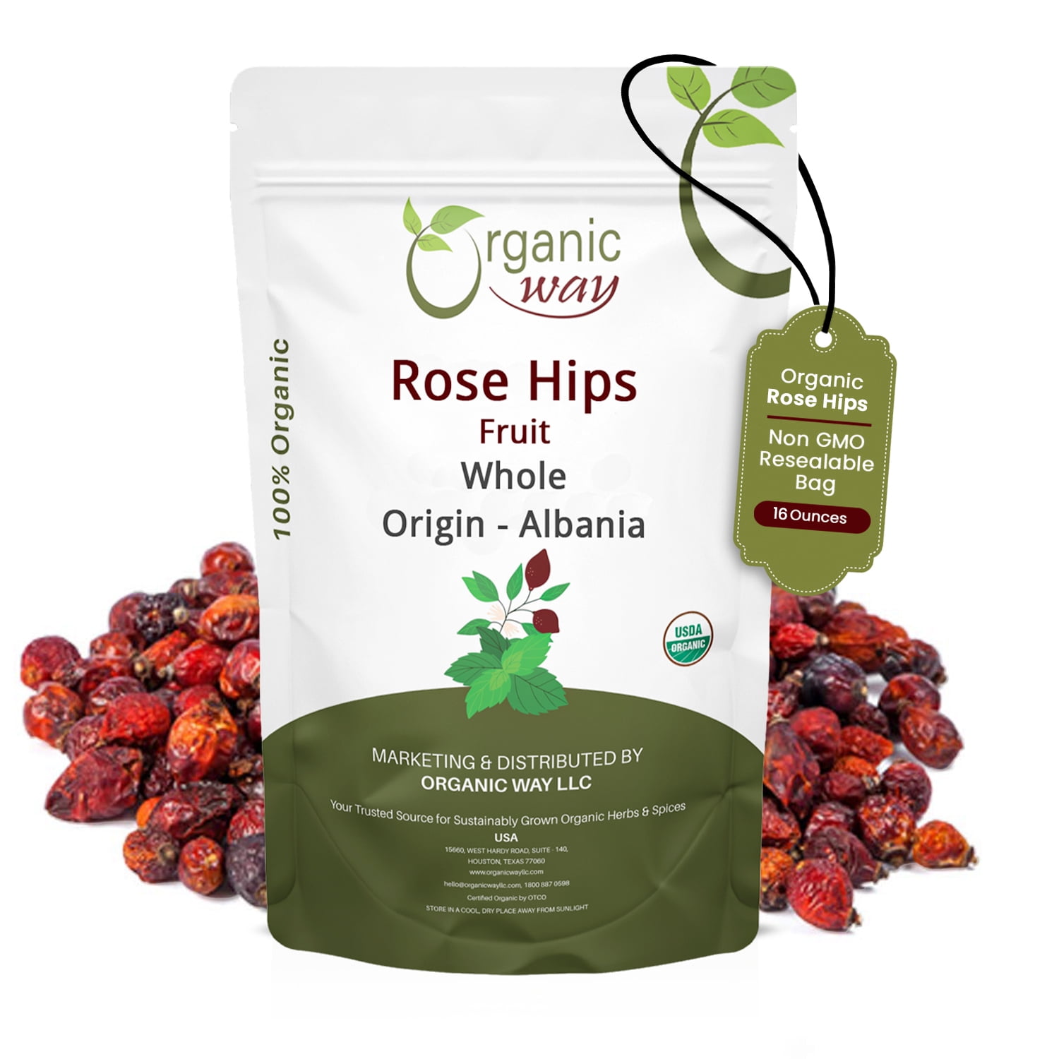Organic Way Rosehips Fruit Whole (Rosa Canina) - European Wild-Harvest | Organic & Kosher Certified | Vegan Non GMO & Gluten-Free | USDA Certified | Origin - Albania (1 lbs / 16 oz)