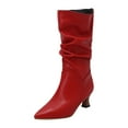 thumbnail image 4 of Rokment Slouchy Stiletto Wide Mid Calf Dress Boots for Women Fashion Casual Denim Leather Pointed Toe Kitten Heel Long Tall Boots Winter Spring Red Size 5.5, 4 of 5