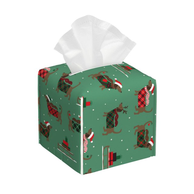 Balery Christmas Dachshund Porta Pañuelos de Cuero con Estampado – Funda Moderna Cuadrada para Caja de Pañuelos, Dispensador 5x5x5''