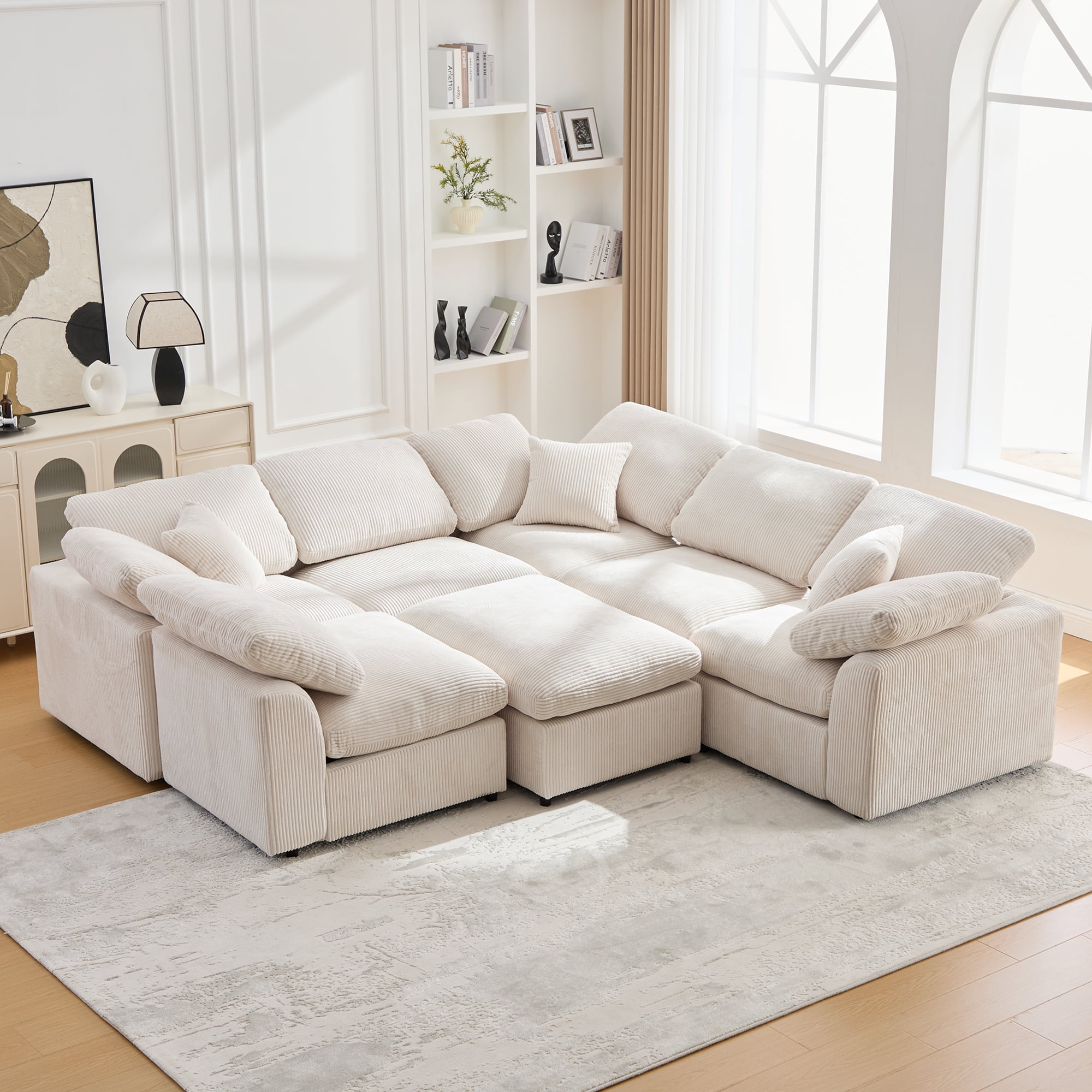 BINBANK Oversized 7-Seater Modular Sectional Sofa with Movable Ottoman, Corduroy L-Shaped Couch for Living Rooms/Apartments/Offices,Beige