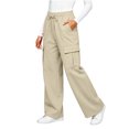thumbnail image 5 of Women's Fleece Lined Cargo Pants Elastic Waist Drawstring Wide Leg Casual Lounge Trousers Cozy Fall Winter Jogger Pants with Pockets Khaki, 5 of 9