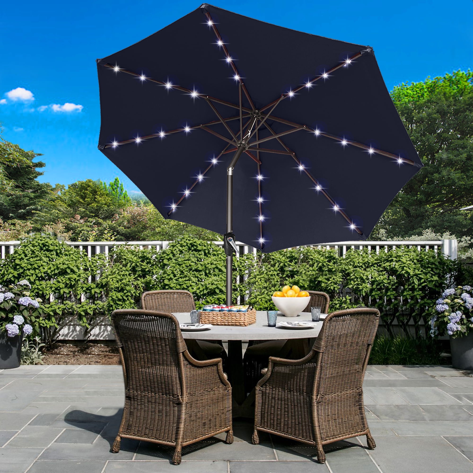 ABCCANOPY 7.5ft Patio Solar Umbrella LED Outdoor Umbrella with Tilt and Crank, Navy Blue
