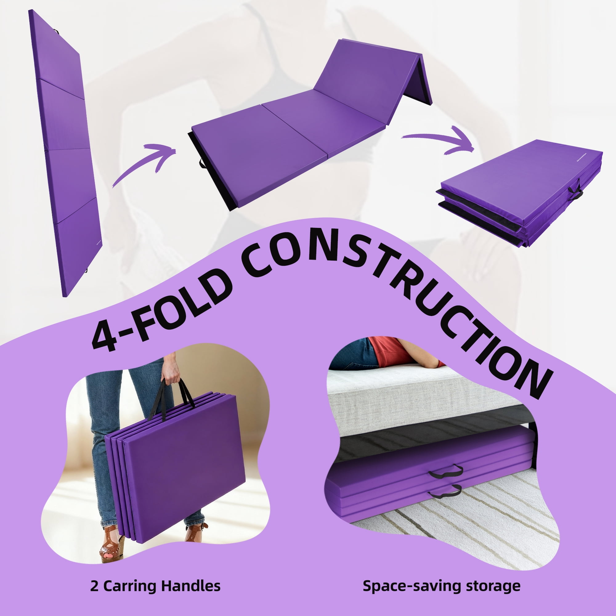 Signature Fitness 4ft x 10ft x 2in Folding Gymnastics Mat, Extra Large 4-Panel Exercise Mat for Tumbling, Stretching, Yoga, Cheerleading, Home Gym, PVC Leather + EPE Foam, Multiple Colors