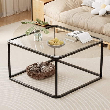 Coffee Table Glass, Minimalist Square Tables for Living Room, Modern Center Table for Office or Small Space, Tempered Glass, Sturdy Metal Frame, Easy Assembly, 26.4 x 26.4 x 15.7 Inches, Black