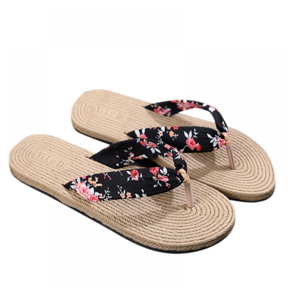 Women Summer Flower Printed Pattern Casual Thong Flat Flip Flops Sandals Slipper 