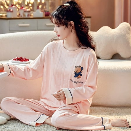 

QWZNDZGR Spring Autumn Polyester Cartoon Girls Cheap Pajama Sets Women Pyjamas Plaid Sleepwear Pijama Mujer Homewear Clothing Nightwear