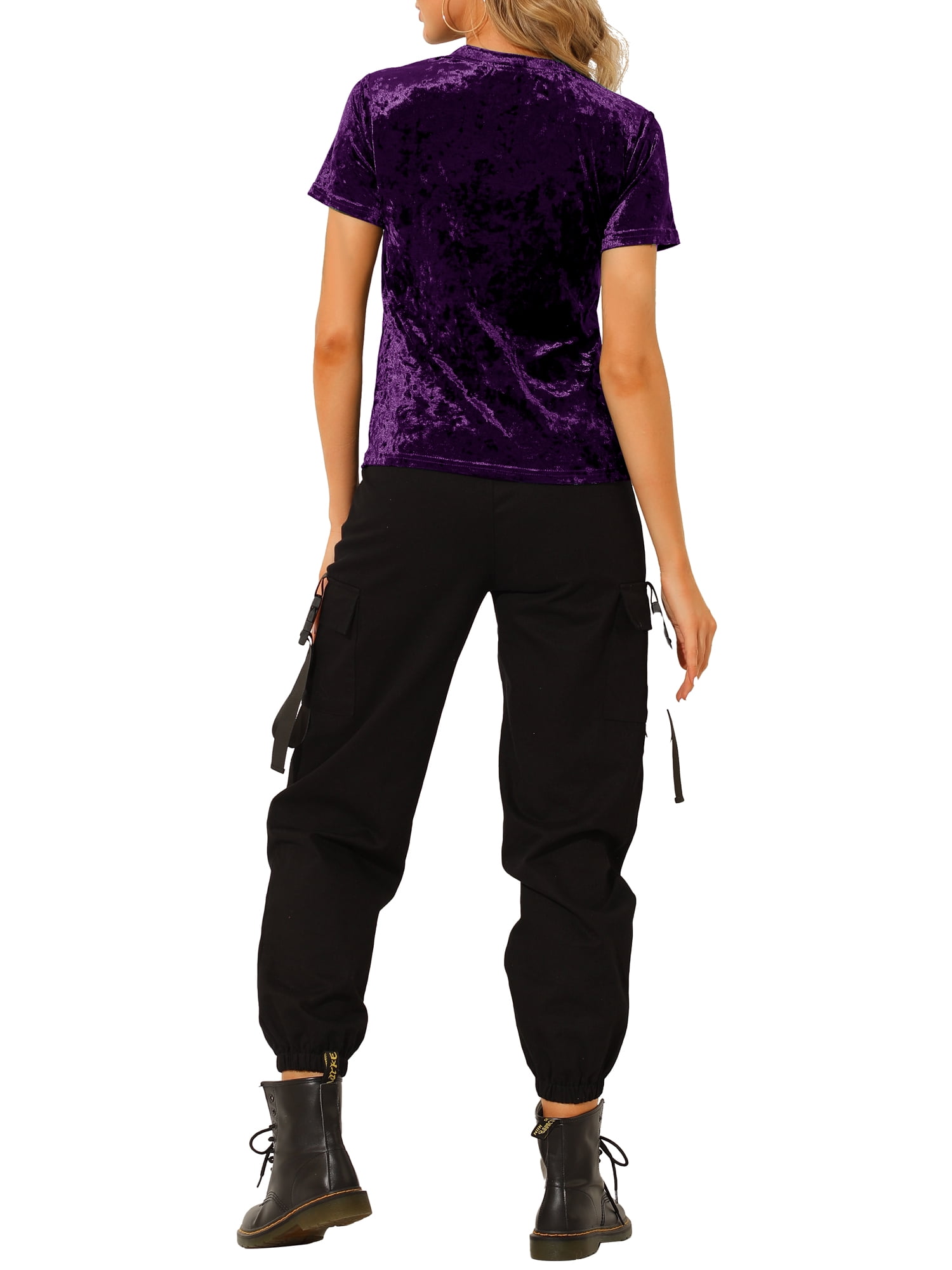 DARING DIVA Women's Velvet Blouse Tops Crew Neck Short Sleeve T-Shirt L Purple