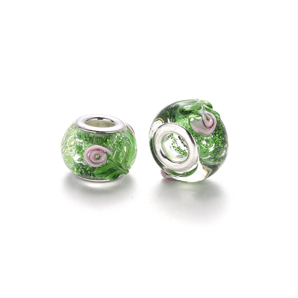 Handmade Lampwork European Beads Large Hole Rondelle Beads with Platinum Tone Brass Double Cores Mix Pattern Green 14~16x9~10mm Hole: 5mm