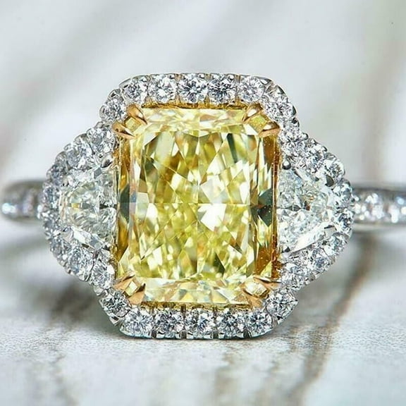 3Ct Radiant Cut Lab Created Yellow Citrine Halo Engagement Ring 14K White Gold Plated Women's Ring For Her