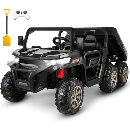 Funcid 24 V Ride on Toys with Remote Control, 2 Seater Kid Ride on UTV, 4WD Ride on Dump Truck Car, 6-Wheel UTV Toys w/ Tipping Bucket Trailer, Shovel, Bluetooth Music,Black