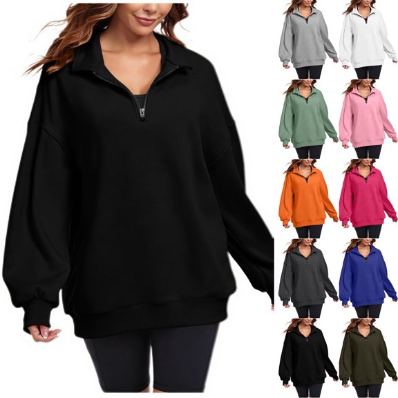 Diufon Womens Quarter Zip Pullover Long Sleeve Stand-up Collared Sweatshirt Fall Winter Half Zip Light-Fleece Tops