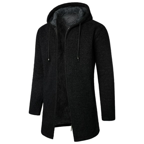 AOOCHASLIY 2023 Men Fall Coat Men's Solid Color Long Hooded Knitting Plush and Thicken Fashion Solid Color Sweater Coat
