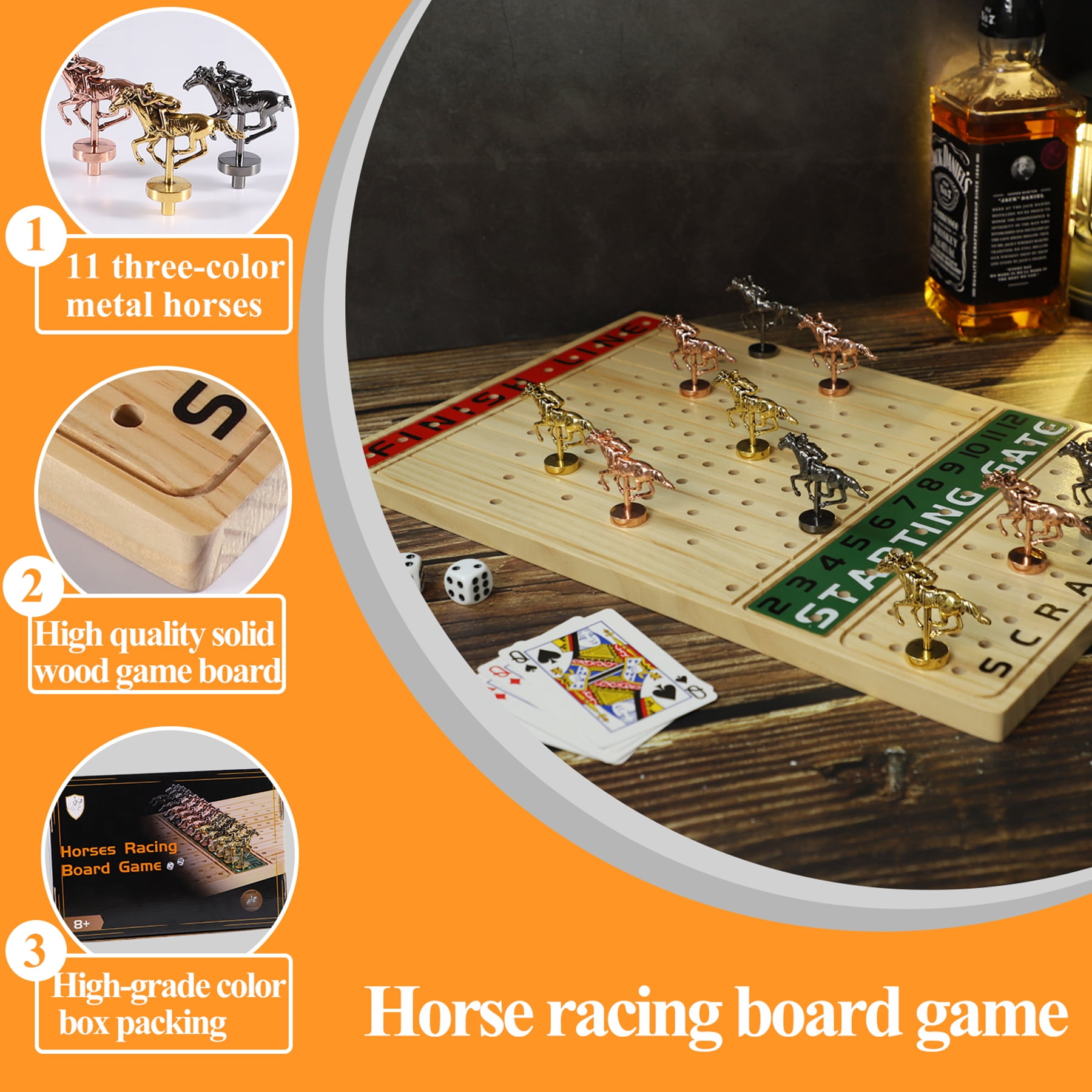 Grhonior Horse Race Board Game Dice Game Rectangle Thickened Solid Wood with 11 Metal Horses and 4 Dice 15.6 x 10 x 0.6 Inch