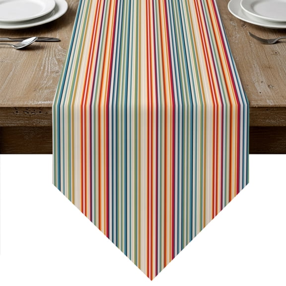 Boho Colorful Striped Table Runner Linen Burlap Table Runner 90 Inches Long Vintage Stripes Farmhouse Line Dresser Scarves for Kitchen Island Coffee Dining Room Party Wedding Holiday Decor 13"x90"