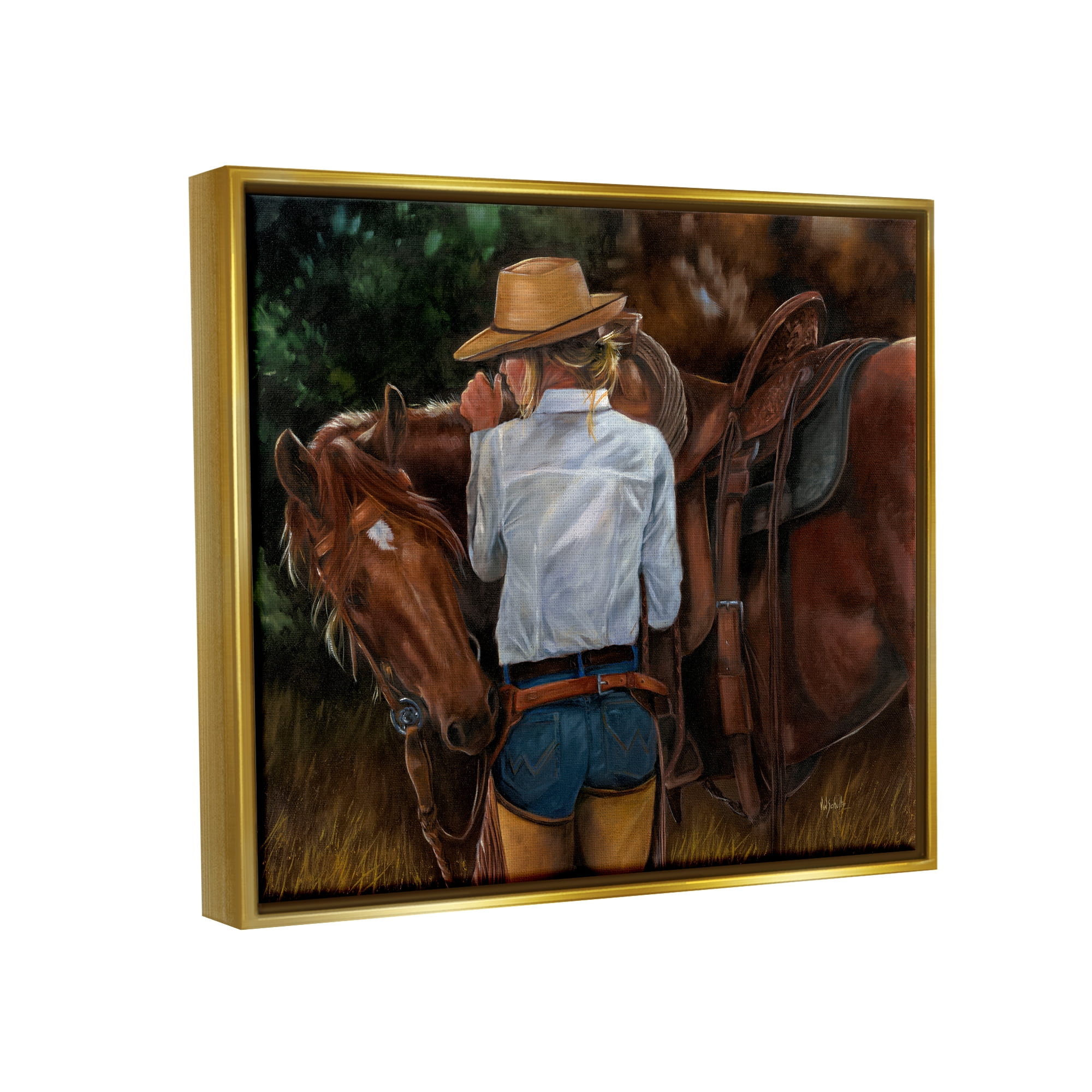 Stupell Industries Cowgirl Tending to Horse Animals & Insects Painting Gold Floater Framed Canvas Art Print Wall Art, 31 x 25