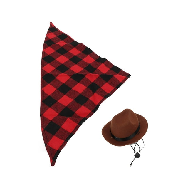 Pet Cowboy Costume Set, Multipurpose Polyester Material Cat Cowboy Hat Triangular Scarf for Birthday Parties for Cosplay Parties Brown+Red Grid,Brown+Green Grid,Black+Red
