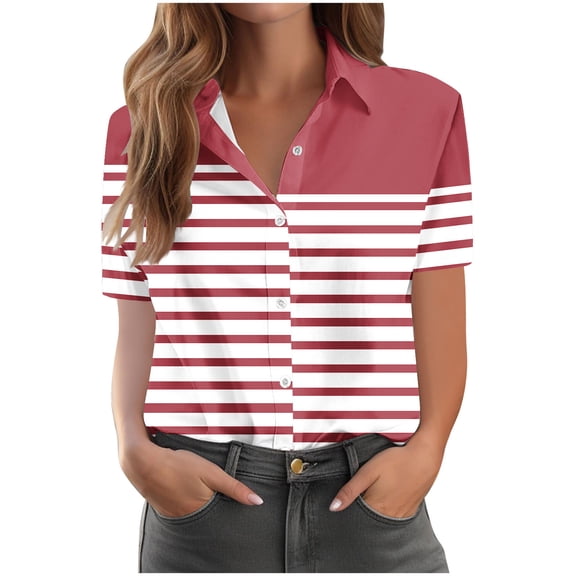 Guluxicc Button Up Shirt for Women Collared Short Sleeve Stripe Tops Casual Summer Womens T Shirts