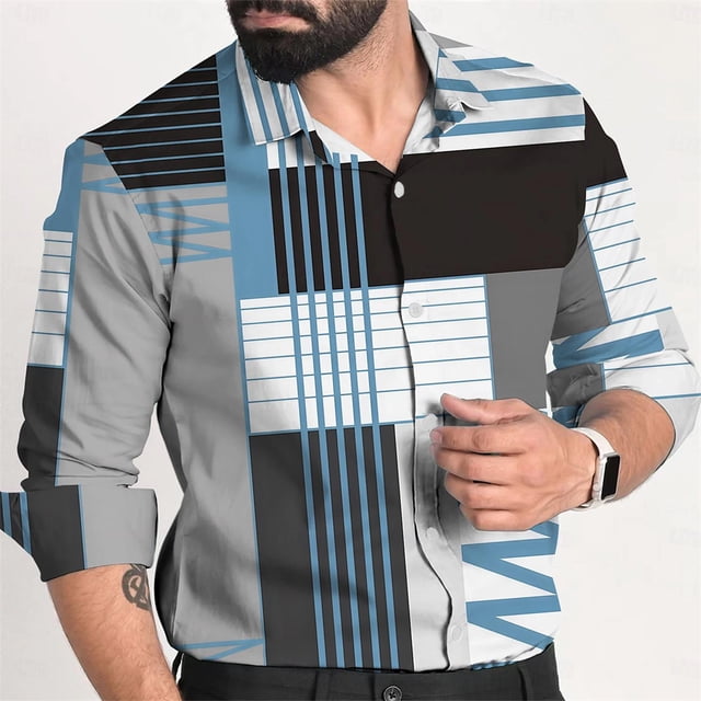 Camisa de manga larga con solapa y estampado de patchwork geométrico para hombre, informal, de moda para fiestas, calle y exteriores, nueva