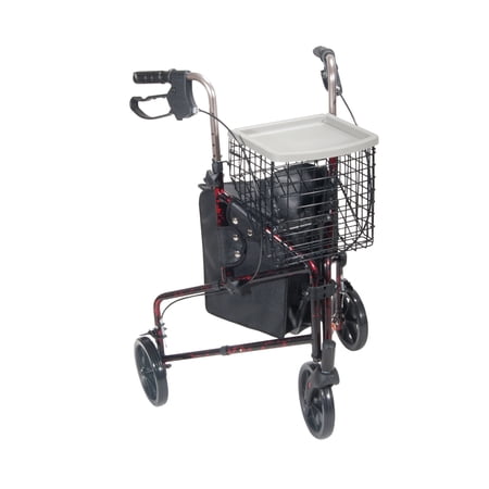 Drive Medical 3 Wheel Rollator Rolling Walker with Basket Tray and Pouch, Flame
