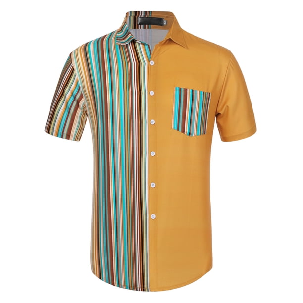 Camisa hawaiana Lars Amadeus de manga corta con botones patchwork a rayas verano para hombre Amarillo marron S