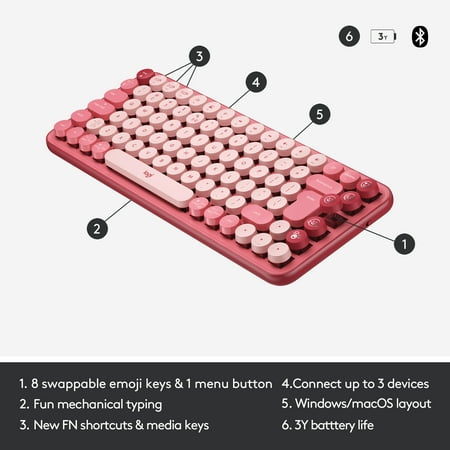 Logitech - POP Keys Wireless Mechanical Tactile Switch Keyboard for Windows/Mac with Customizable Emoji Keys - Heartbreaker Rose