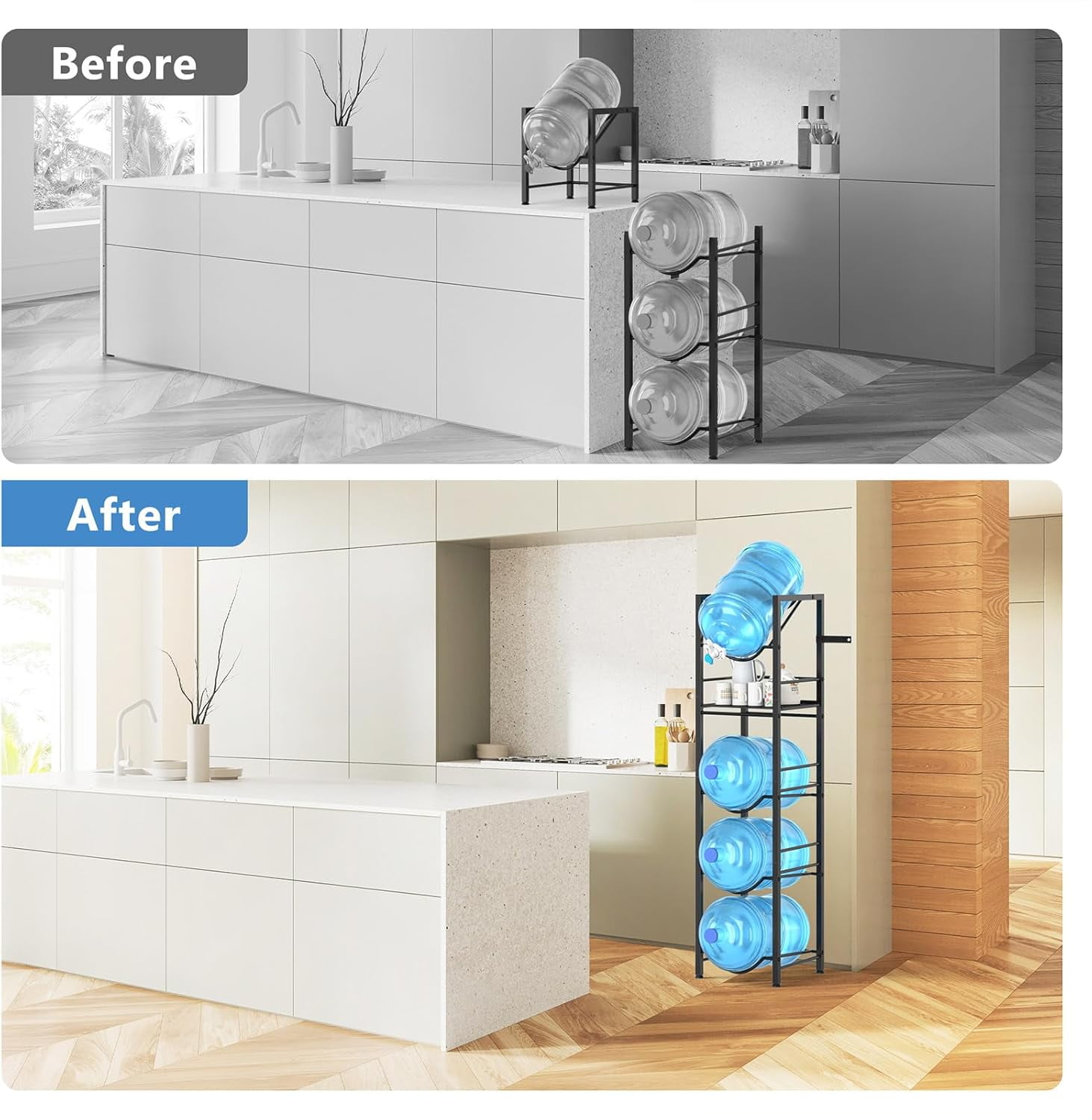 2-in-1 Blue 5-Gallon Water Jug Holder with 5-Tier Steel Storage Rack and Dispenser Valve