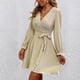thumbnail image 3 of Vestido con cuello en V Color puro Globo Mangas largas Fibra de poliéster Vestido informal con cinturón para compras diarias Beige M, 3 of 6