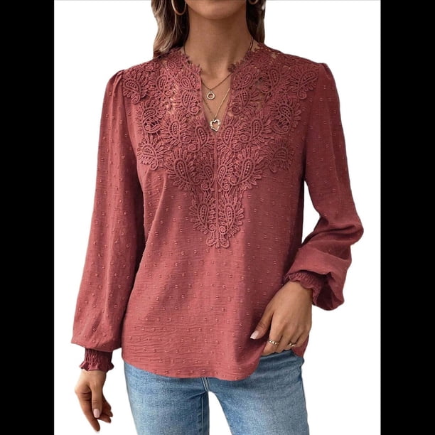 Blusas Bohemias de Larga con Cuello en V para Mujer, Blusas de con Lunares, Ropa de Crochet con Encaje Fluido, Ropa Informal de Moda. Vino Tinto XL