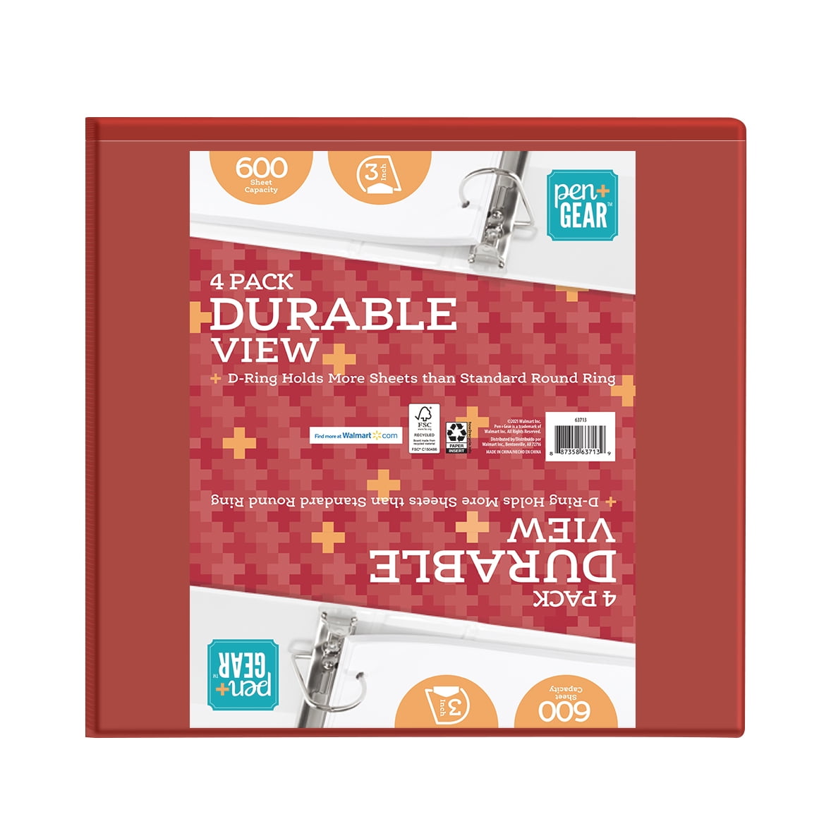 Pen + Gear Durable View 3-Ring Binder, 3' D Rings, Red, 4 Pack