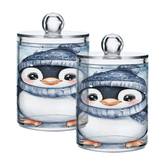 WOBOGO Blue Scarf Penguin Pattern Transparent Plastic Jar 2pcs Cotton Swabs Balls Pads Floss Stick Dispenser Bathroom Vanity Storage Organizer