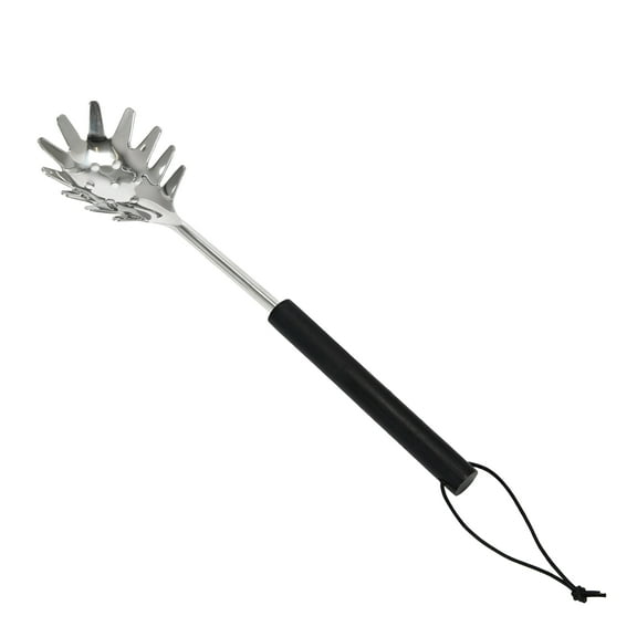 Bloomingville Stainless Steel Slotted Pasta Server with Mango Wood Handle and Leather Tie, Black