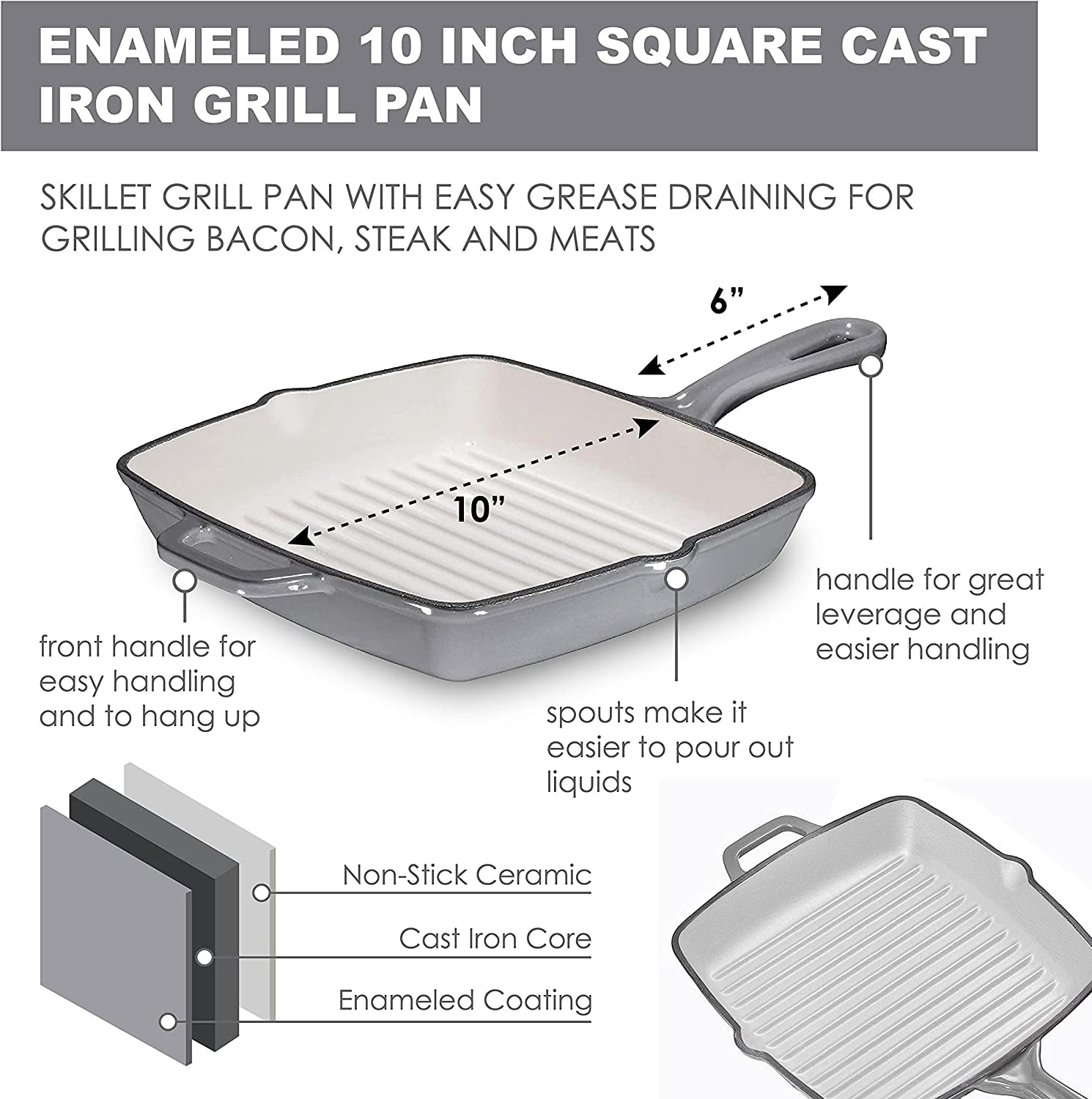 Bruntmor 10-Inch Square Pre-seasoned Cast Iron Grill Pan