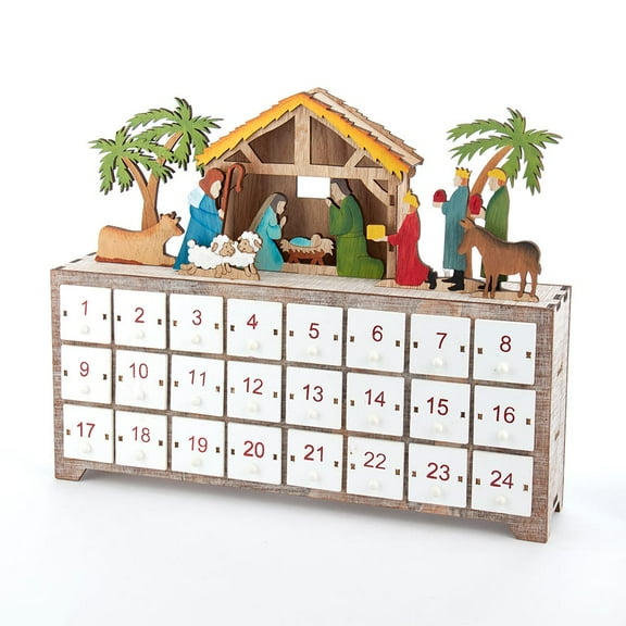Kurt Adler Wooden LED Advent Calendar with Nativity Scene – Battery Operated, Multi-Colored, 10.4-Inch